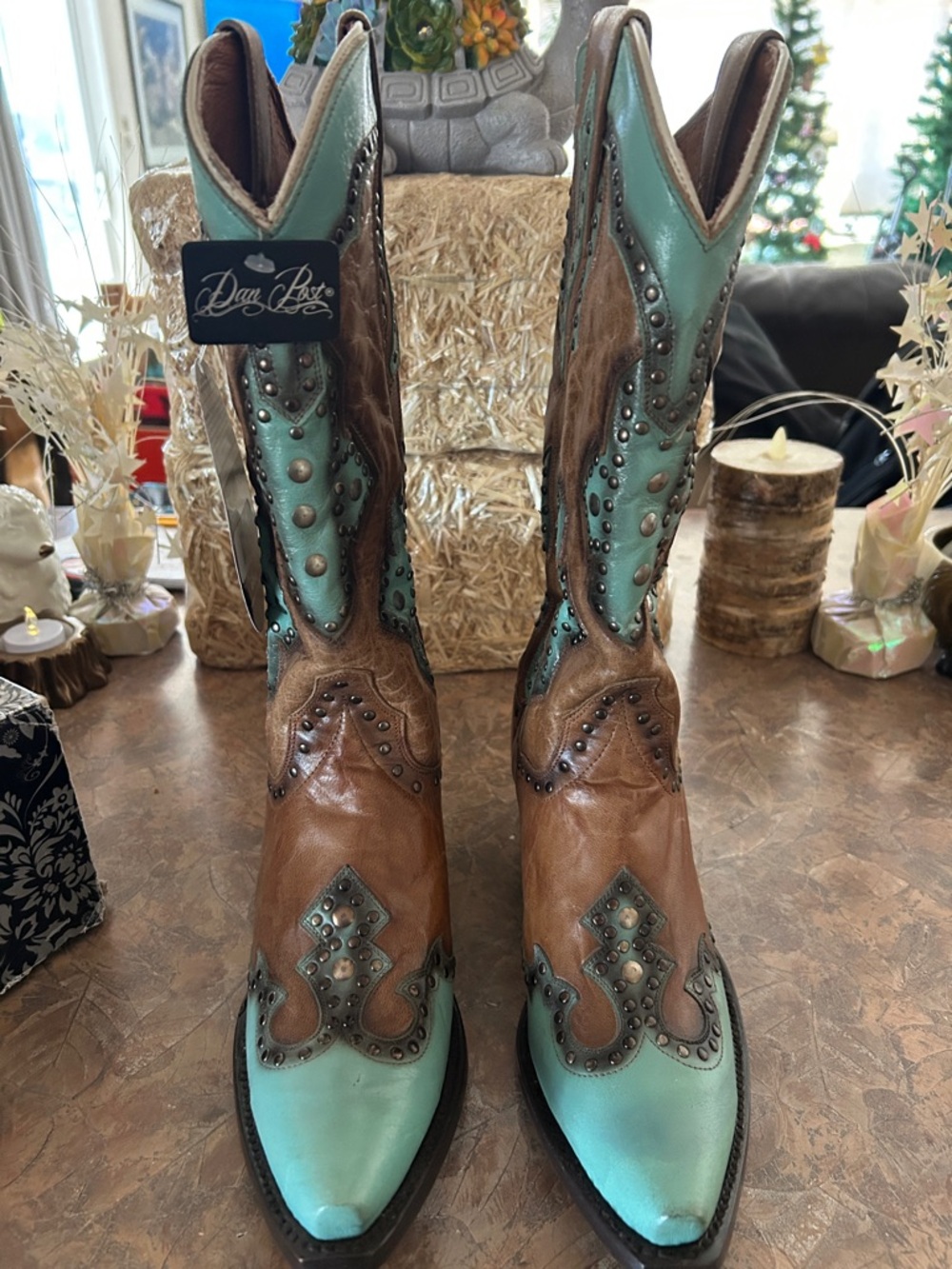 Dan Post Women’s Leather Brown and Turquoise Studded Western Boots - Picture 6 of 12